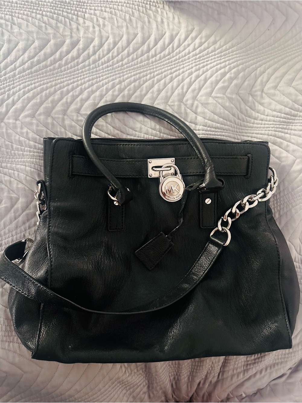 Michael Kors Black Leather Satchel with Silver Chain Detail